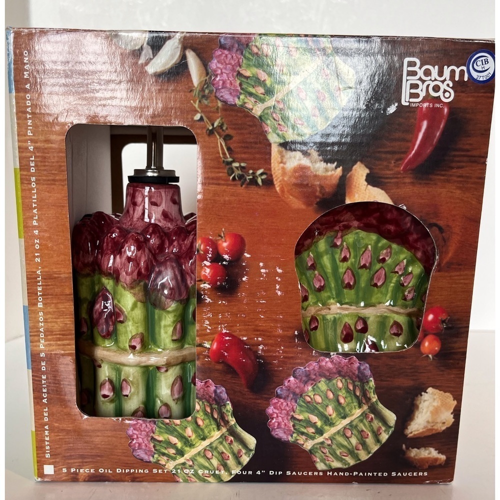 Fresco Mercado Asparagus Shaped Olive Oil Cruet with 4 Dip Saucers